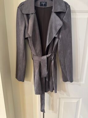 Tahari Women's Gray Faux Suede Belted Coat Size small